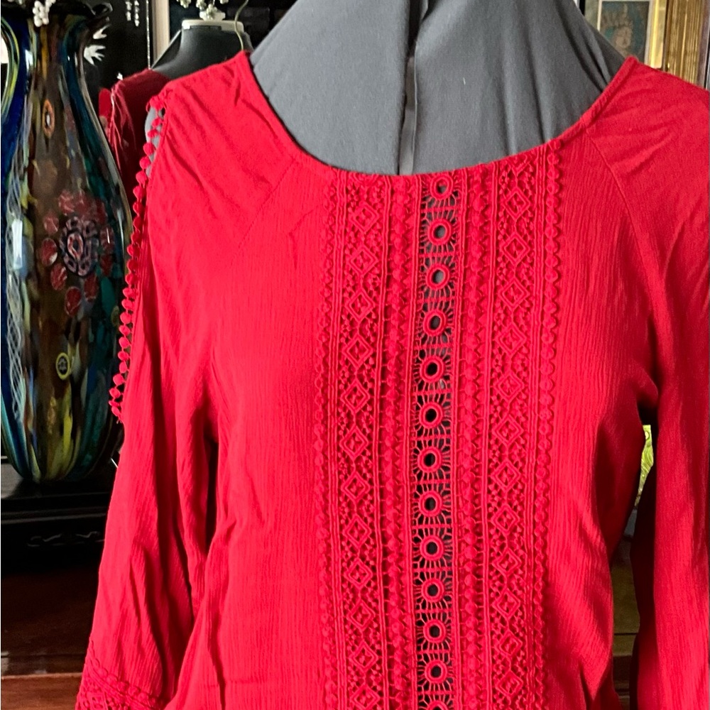 Red Crochet-Detail Women's Top